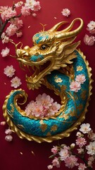 Fototapeta premium Golden dragon, adorned with intricate details, turquoise scales, coils amidst blooming cherry blossoms against rich, red background. Fierce yet majestic expression accentuated by gleaming eyes, sharp.