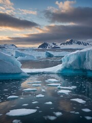 Breathtaking view unfolds in this image, capturing frozen landscape during time of day when sky painted with hues of sunrise, sunset. Large, blue, white icebergs float on calm waters in foreground.