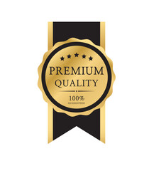 Premium quality badge or label. Gold vector medal. Golden ribbon. Vector illustration