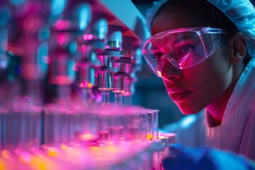 Scientist in protective gear closely observing a high-tech machine in a laboratory with pink and blue lighting