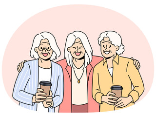 Smiling elderly women drink coffee hug enjoy long lasting friendship. Happy mature friends show unity and bonding through years. Vector illustration.