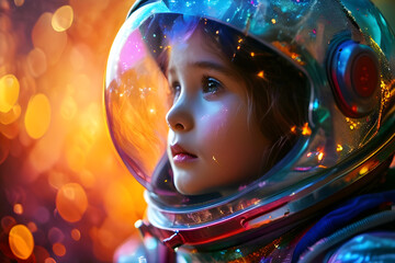 Child Astronaut Closeup Suit in Outer Space Aspiring Future Career Job Occupation Concept Abstract Star Backdrop