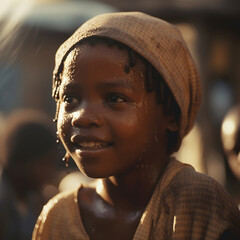 Smiling African child enjoys running water at tap