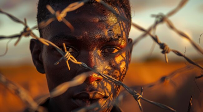 Young African man behind barbed wire in the savannah, sunset in the background, freedom day concept, Juneteenth, Black Independence Day.