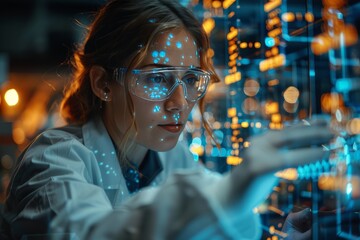Scientist wearing protective glasses working with a high-tech interface displaying blue and orange lights