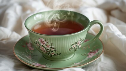 Fototapeta premium Delicate Green Teacup with Floral Patterns
