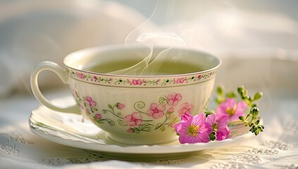 A delicate green teacup adorned with intricate floral patterns exudes elegance and charm.