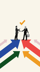 Contemporary art collage. Man and woman stands on colorful arrows pointing up and shaking hands...