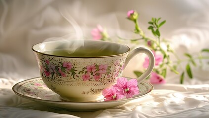A delicate green teacup adorned with intricate floral patterns exudes elegance and charm.