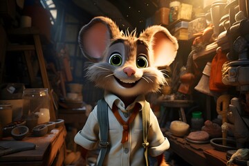Cute little mouse as a craftsman in his workshop. 3d rendering