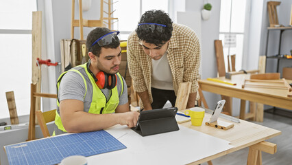 Two men reviewing plans on a tablet in a bright carpentry workshop, wearing casual and safety gear. - Powered by Adobe