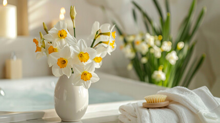 Vase with beautiful narcissus flowers in bathroom