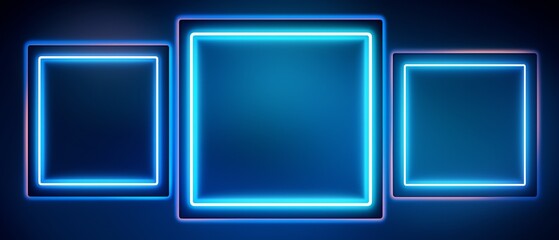 Three glowing blue square frames on dark blue background.