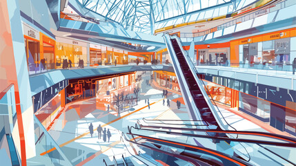 Modern interior shopping center mall. Top view. Color