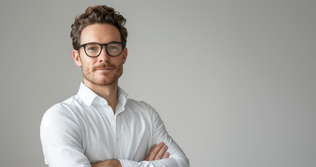 Geschäftsmann vor weißem Hintergrund lächelt in die Kamera