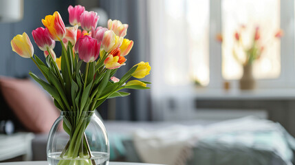Vase with blooming tulip flowers on table in bedroom -