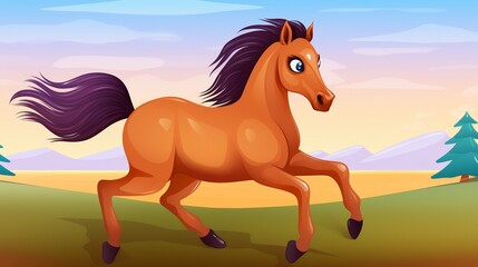 A cartoon horse with a long purple mane and tail is running in a field of green grass
