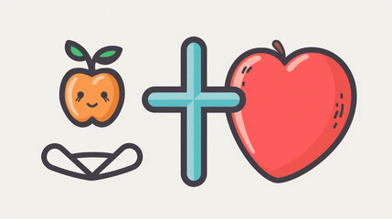 Health and wellness icons: heart, cross, apple, and yoga pose.