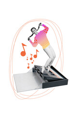 Poster banner collage of youth lady open tape record audio cassette on free time listen fun music song