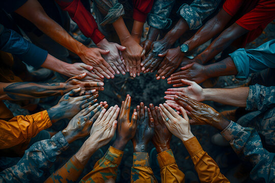 A group of people holding hands in prayer at a Memorial Day service, to show the sense of community and shared remembrance