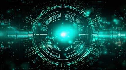Abstract glowing blue and green target symbol on black background with circuit board texture.