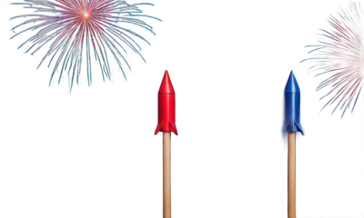 abstract photo collage on the topic American Independence Day celebration banner with fireworks rockets made in american flag style. Patriotic holiday celebration of independence day