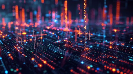 Blockchain technology visual combined with stock market analysis and encryption symbols