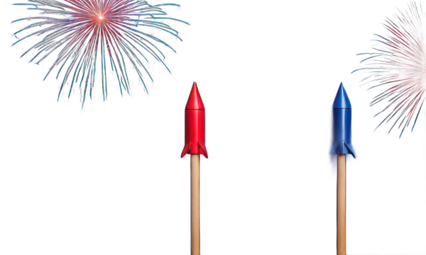 abstract photo collage on the topic American Independence Day celebration banner with fireworks rockets made in american flag style. Patriotic holiday celebration of independence day - Powered by Adobe