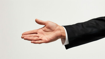 Obraz premium side view of businessman hand in tuxedo suit offering something isolated on white background 