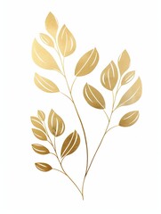 Gold leaves, branches, and stems on a white background.