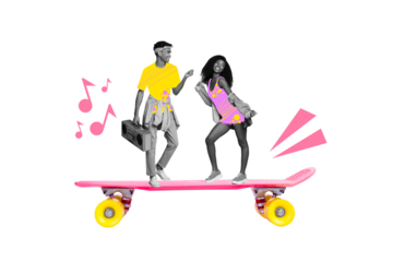 Creative drawing template collage of two active energetic people skating sporty listen pop music from boom box