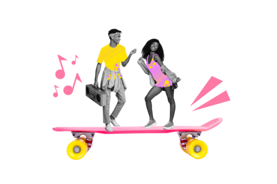 Creative drawing template collage of two active energetic people skating sporty listen pop music from boom box