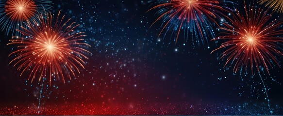 abstract Red, gold and blue glitter background with fireworks. Christmas eve, 4th of July holiday concept