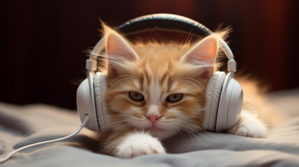 Obraz premium Picture of a young cat enjoying music with headphones.