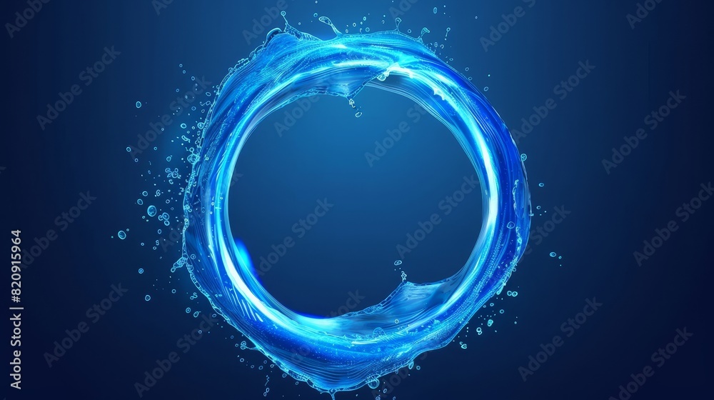 Poster realistic 3d modern frame of a circular splash and swirl. liquid aqua wave with drop and bubble in r