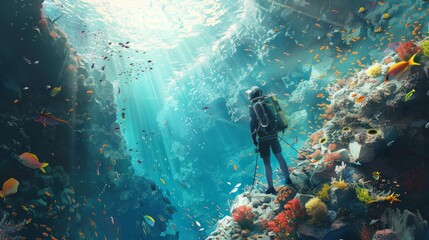 Detailed view of an engineer inspecting fiber optic cables with marine life swimming in the background
