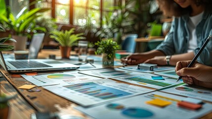Fototapeta premium Business meeting with charts and graphs on a wooden desk, with plants and a laptop in a bright, modern office setting.