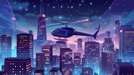 An illustration of a cityscape at night with skyscrapers and helicopters flying above, high-rise office buildings with many windows, and stars shining in the sky.