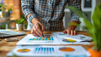 Fototapeta premium Business professional analyzing market data on graphs and charts at a desk. Data visualization and financial analysis concept.