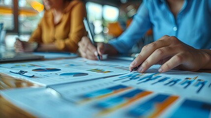 Obraz premium Business professionals analyzing financial charts and graphs during a meeting. Focus on documents and hands holding pens.