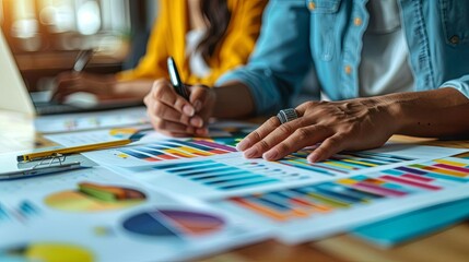 Obraz premium Business professionals analyzing colorful financial charts and graphs, discussing data-driven decisions in a modern office setting.