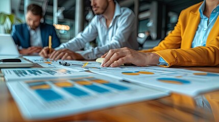 Business professionals analyzing financial reports and data charts in a modern office setting, focusing on teamwork and strategy.