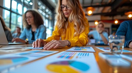 Business team analyzing data charts together in a modern office, collaborating on a project, teamwork and productivity concept.