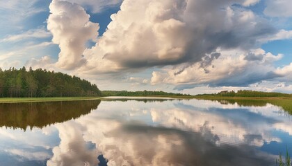 a serene natural landscape with a cloudy sky reflecting on the calm water of a lake the cumulus clouds create a dynamic atmosphere over the horizon