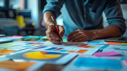 Fototapeta premium Close-up of a person analyzing business reports, charts, and graphs on a table, focusing on data and financial strategy in a modern office.
