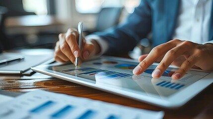 Close-up of a business professional analyzing financial data on a digital tablet, surrounded by charts and documents on a wooden desk.