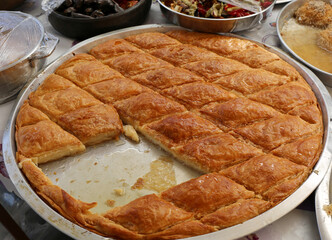 Delicious Tray of Homemade Baklava for Sale at Market in Sigacik, Turkey