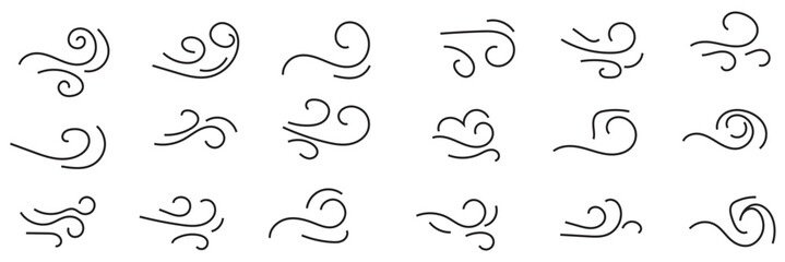 Doodle wind line sketch set. Hand drawn doodle wind motion, air blow, swirl elements. Sketch drawn air blow motion, smoke flow art, abstract line. Isolated on white background . vector illustration. 