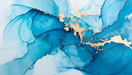 abstract alcohol ink painting texture in blue azure tones with golden splashes