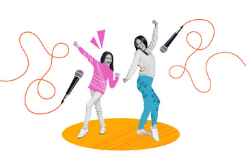 Poster collage banner of funny excited lady kid girl dancing in pastime club singing song on family event